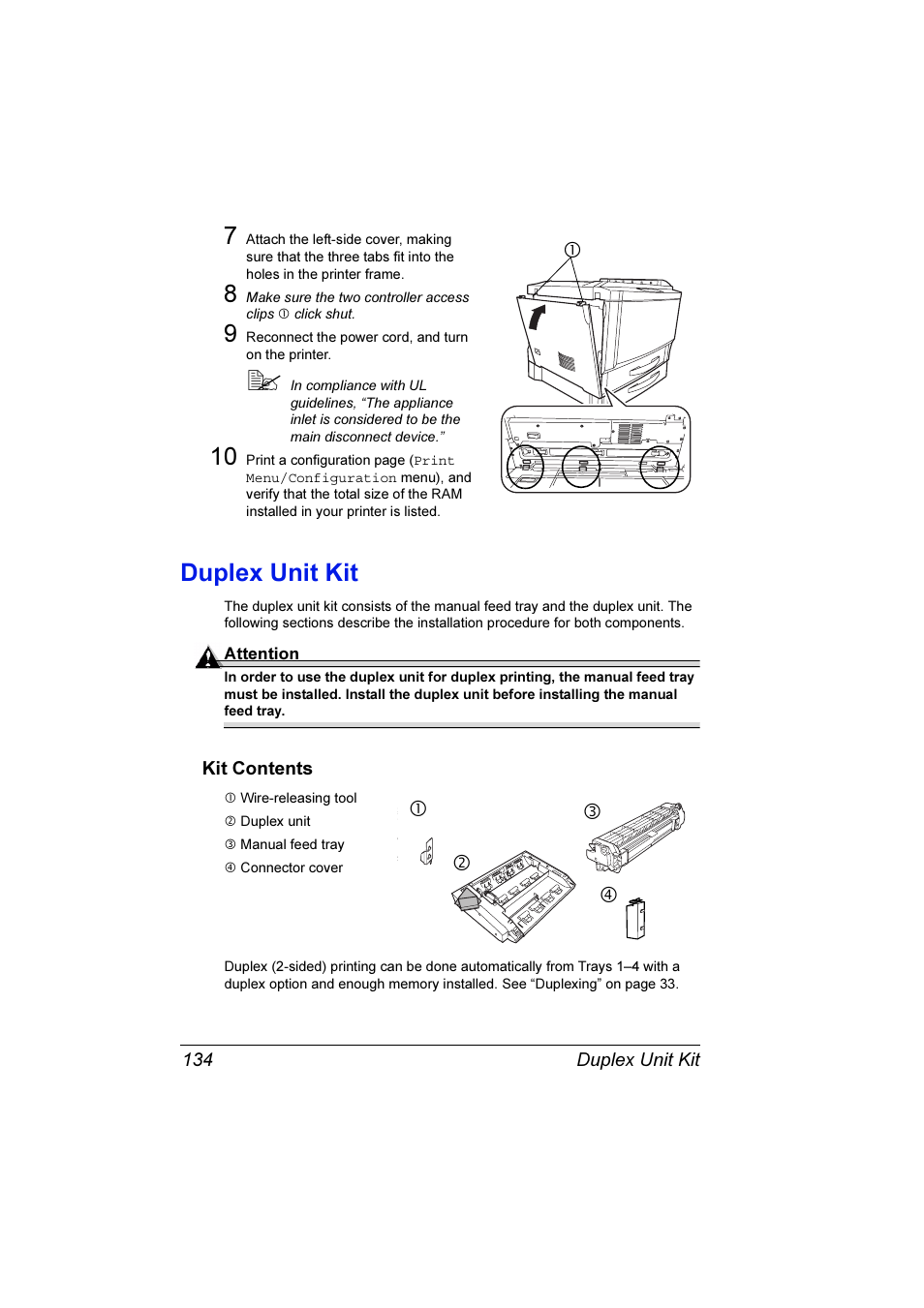 Duplex unit kit, Duplex unit kit 134, Kit contents 134 | Konica Minolta Magicolor 7300 User Manual | Page 142 / 250