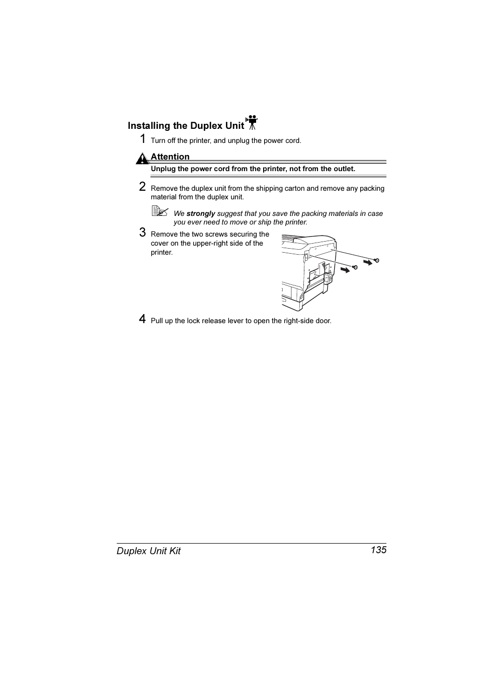 Installing the duplex unit 135 | Konica Minolta Magicolor 7300 User Manual | Page 143 / 250