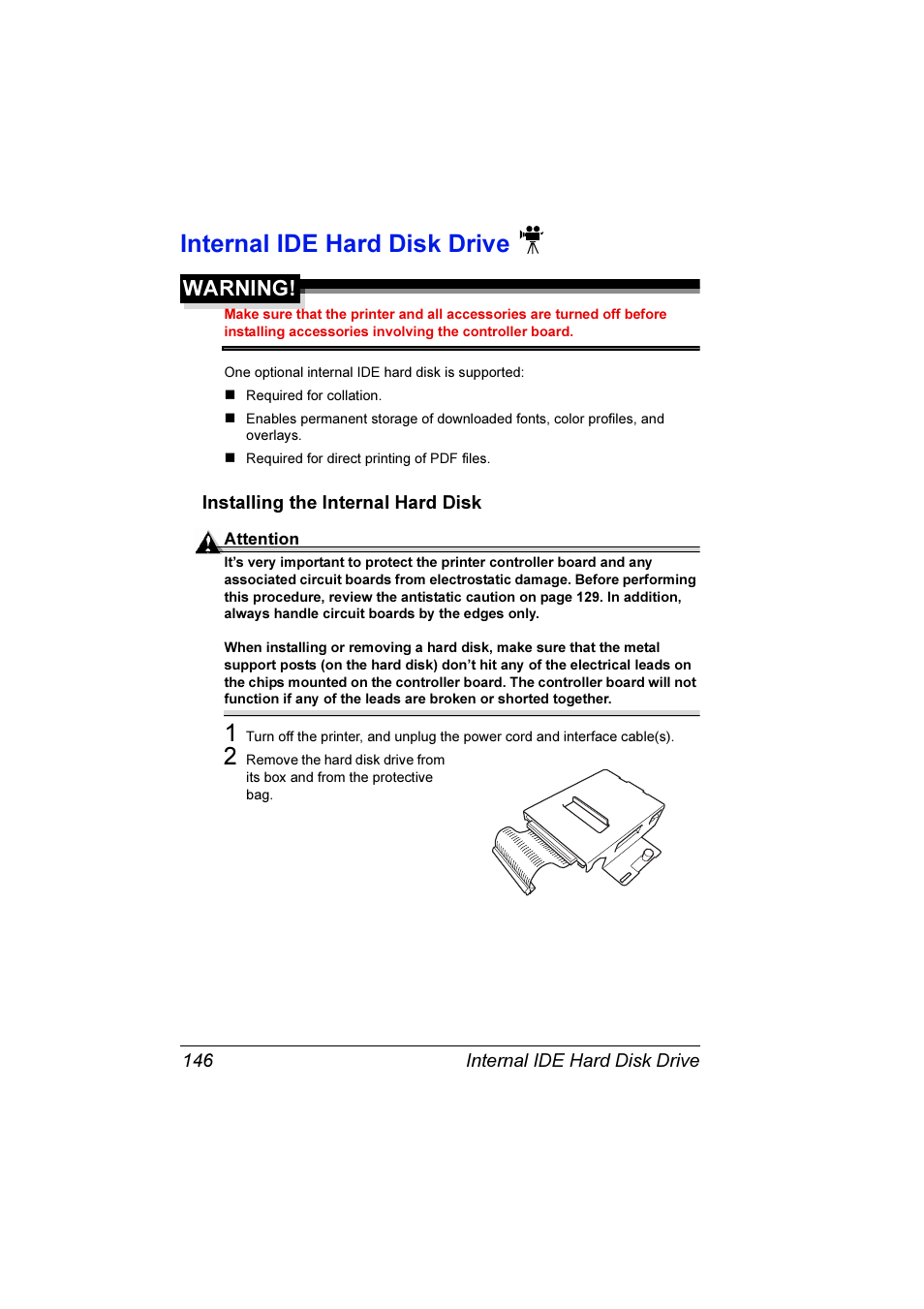 Internal ide hard disk drive, Internal ide hard disk drive 146, Installing the internal hard disk 146 | Warning | Konica Minolta Magicolor 7300 User Manual | Page 154 / 250