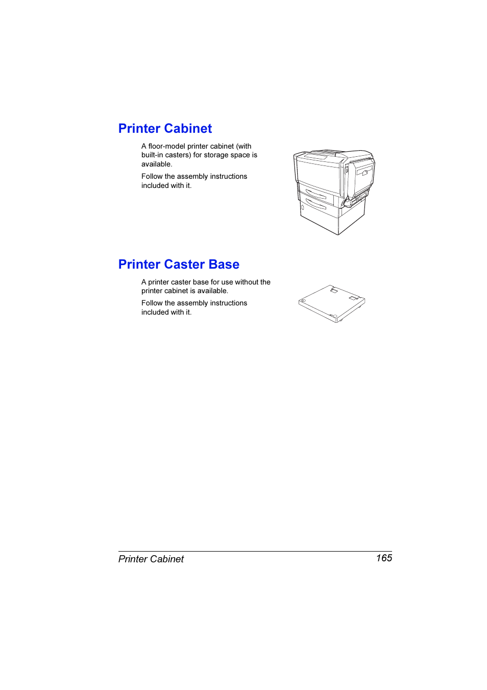 Printer cabinet, Printer caster base, Printer cabinet 165 printer caster base 165 | Konica Minolta Magicolor 7300 User Manual | Page 173 / 250