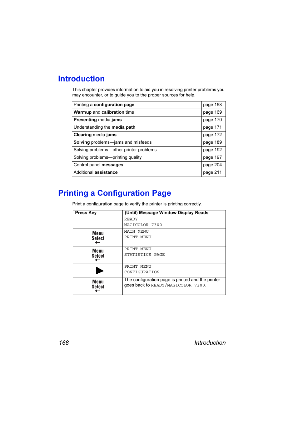 Introduction, Printing a configuration page, Introduction 168 | Konica Minolta Magicolor 7300 User Manual | Page 176 / 250