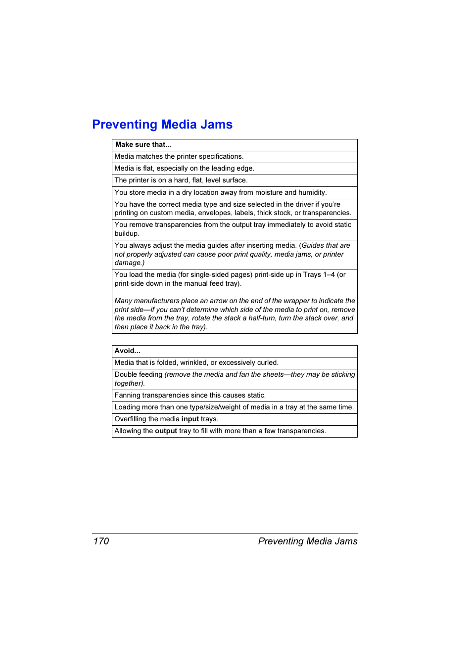 Preventing media jams, Preventing media jams 170 | Konica Minolta Magicolor 7300 User Manual | Page 178 / 250