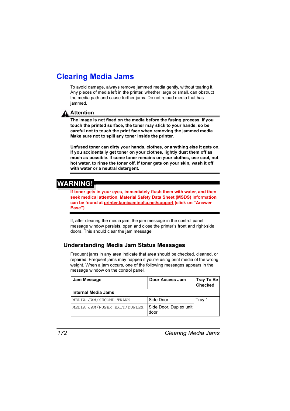 Clearing media jams, Clearing media jams 172, Understanding media jam status messages 172 | Warning | Konica Minolta Magicolor 7300 User Manual | Page 180 / 250