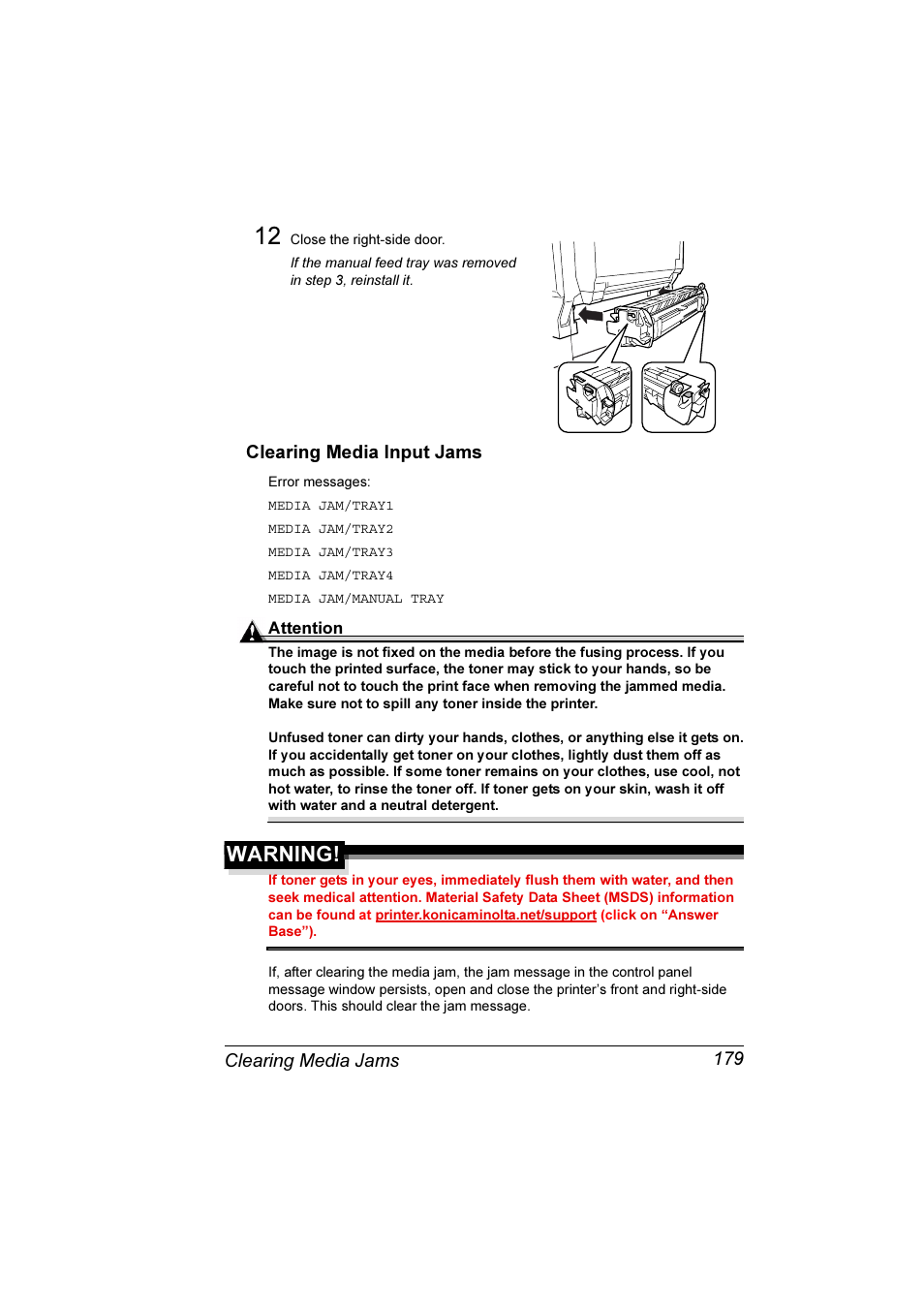 Clearing media input jams 179, Warning | Konica Minolta Magicolor 7300 User Manual | Page 187 / 250