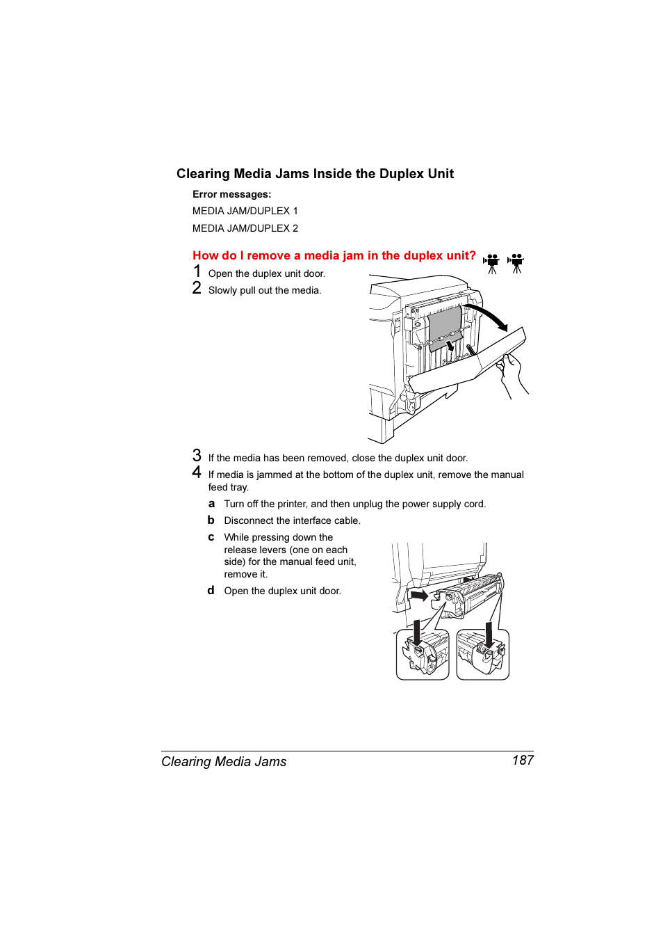 Clearing media jams inside the duplex unit 187 | Konica Minolta Magicolor 7300 User Manual | Page 195 / 250