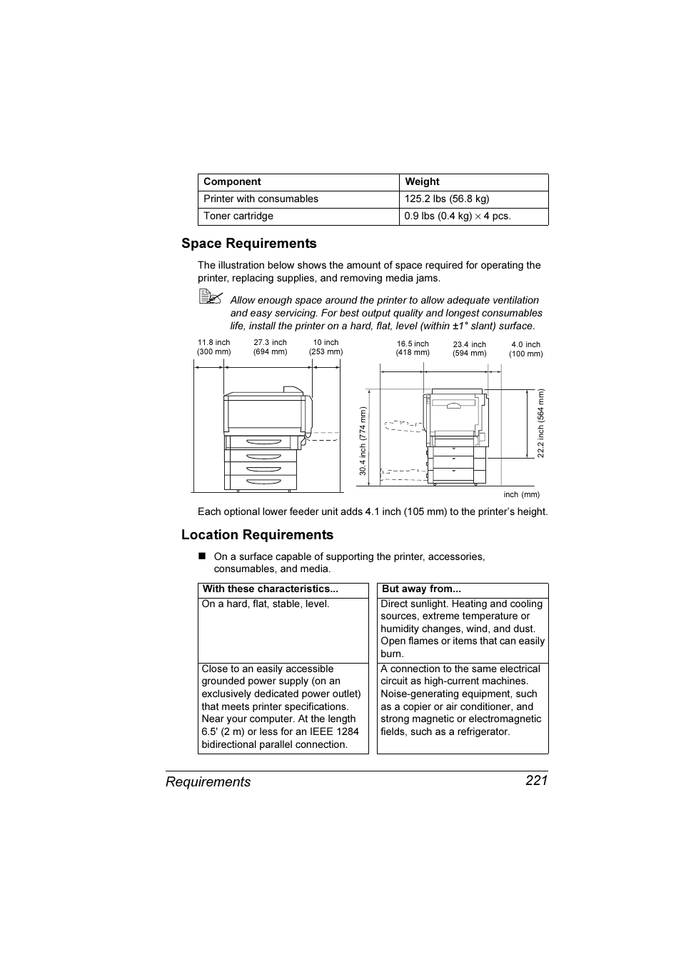 Space requirements 221 location requirements 221, Requirements 221 space requirements, Location requirements | Konica Minolta Magicolor 7300 User Manual | Page 229 / 250