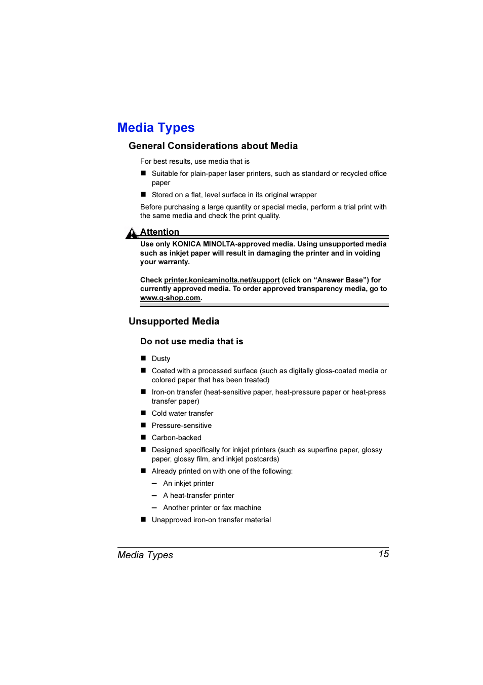 Media types, Media types 15 | Konica Minolta Magicolor 7300 User Manual | Page 23 / 250