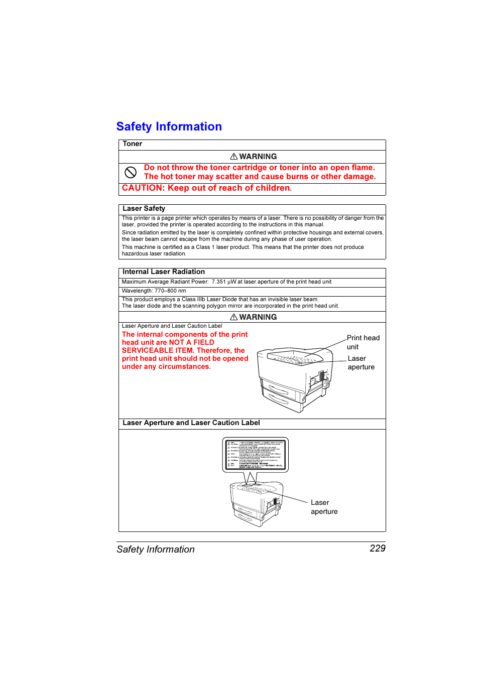 Safety information, Safety information 229 | Konica Minolta Magicolor 7300 User Manual | Page 237 / 250