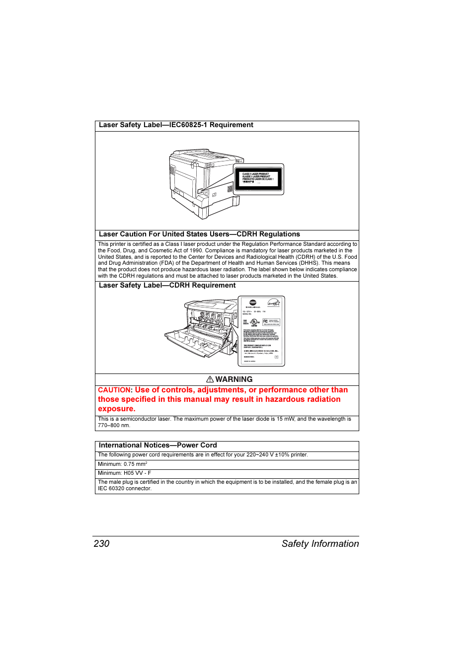 Safety information 230 | Konica Minolta Magicolor 7300 User Manual | Page 238 / 250