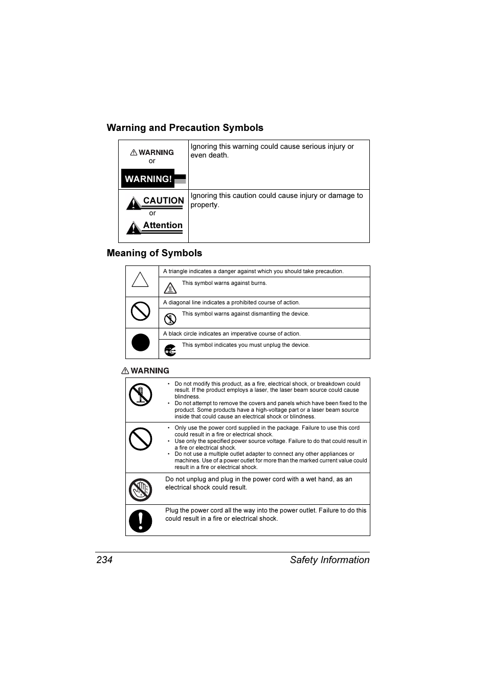 Warning, Attention caution | Konica Minolta Magicolor 7300 User Manual | Page 242 / 250