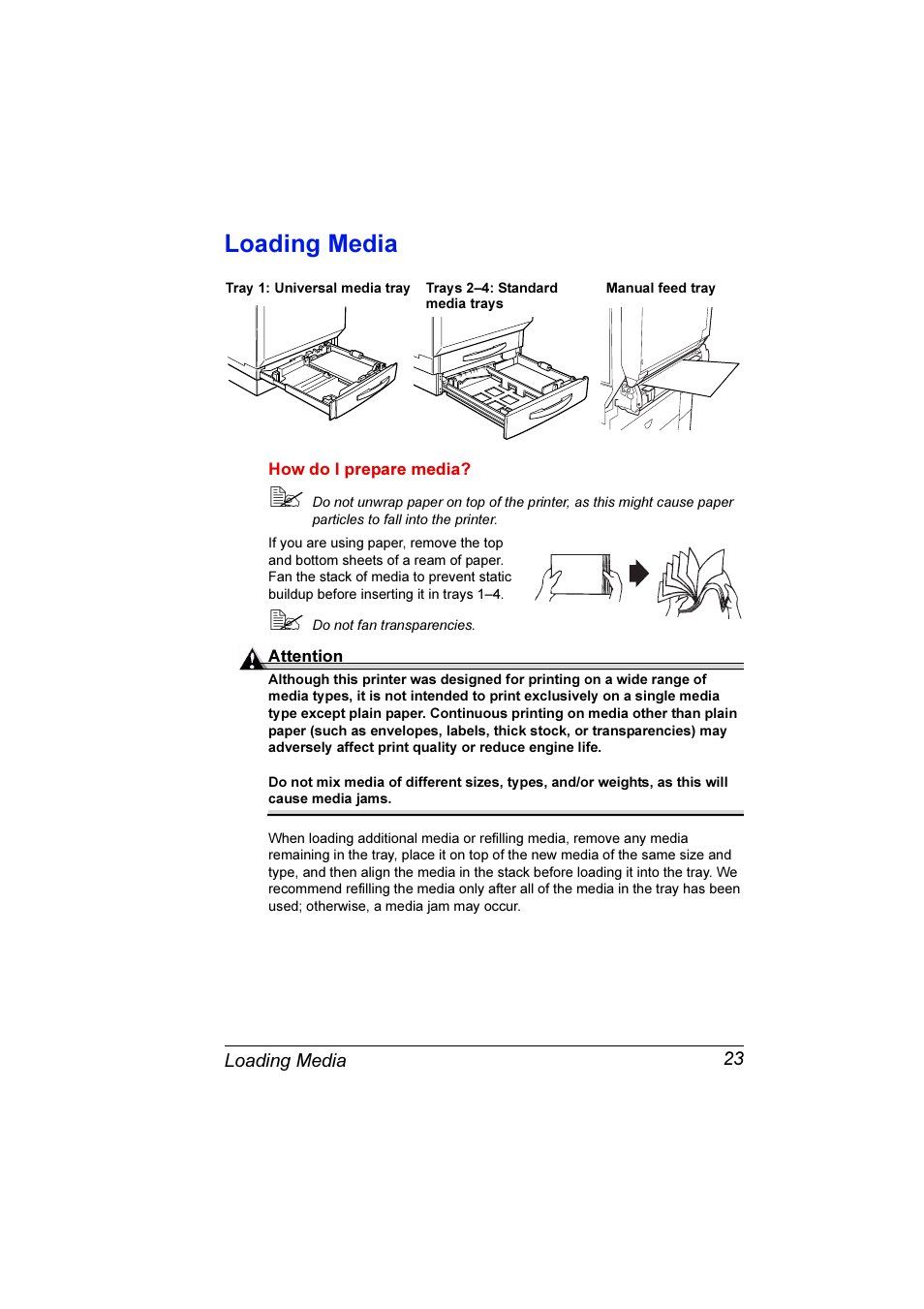 Loading media, Loading media 23 | Konica Minolta Magicolor 7300 User Manual | Page 31 / 250