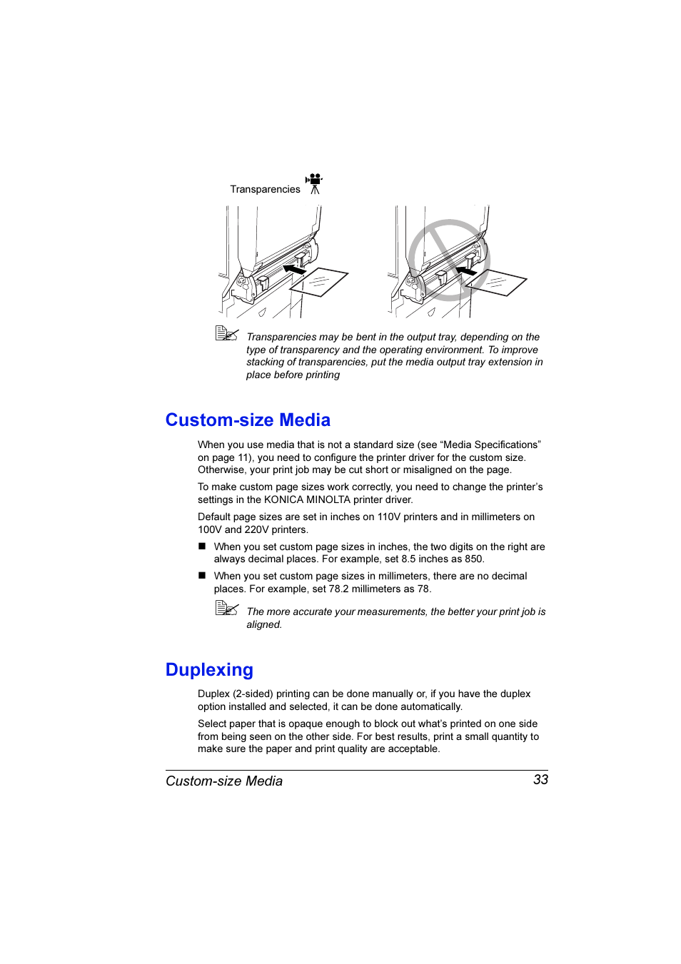 Custom-size media, Duplexing, Custom-size media 33 duplexing 33 | Konica Minolta Magicolor 7300 User Manual | Page 41 / 250