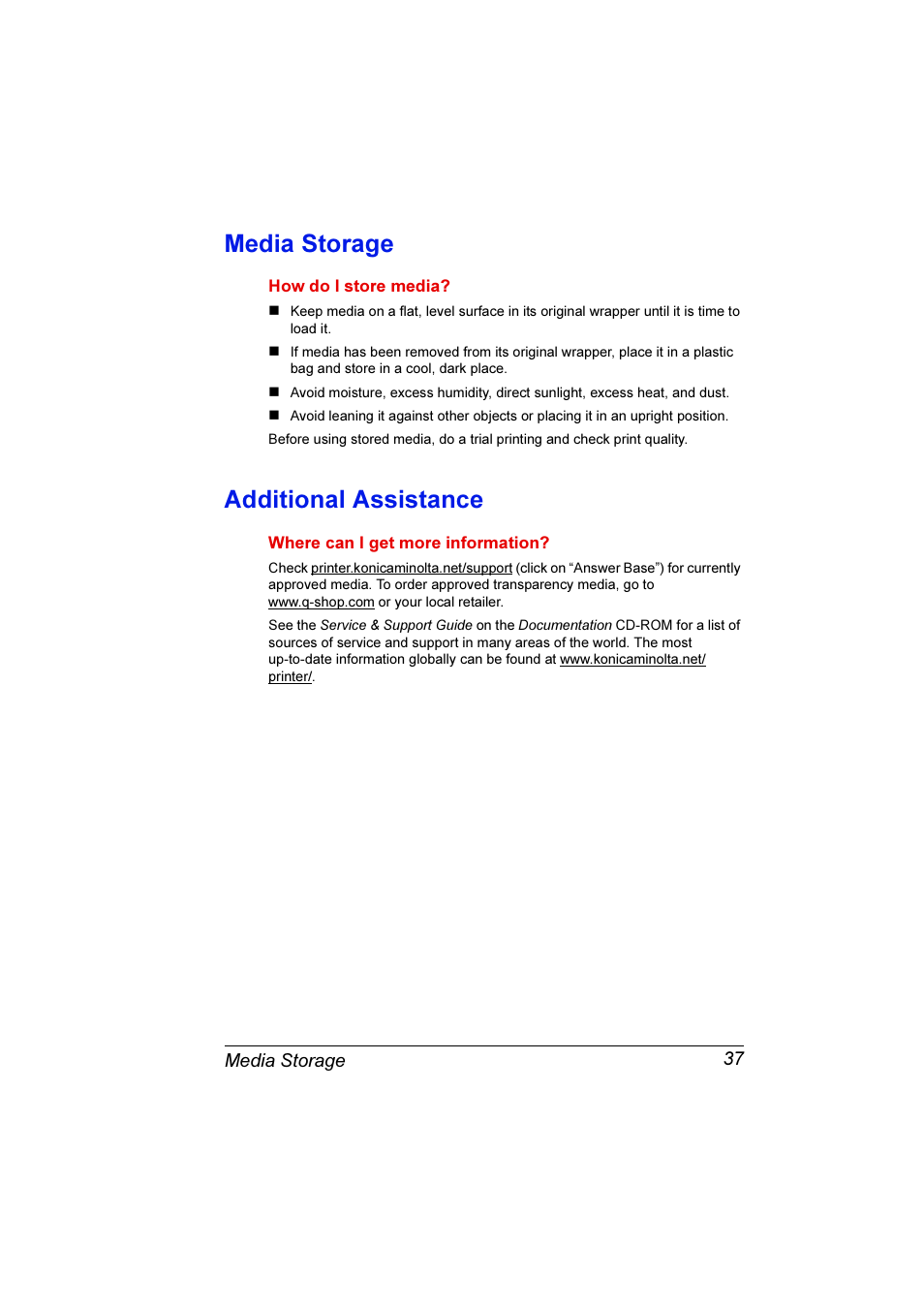 Media storage, Additional assistance, Media storage 37 additional assistance 37 | Konica Minolta Magicolor 7300 User Manual | Page 45 / 250