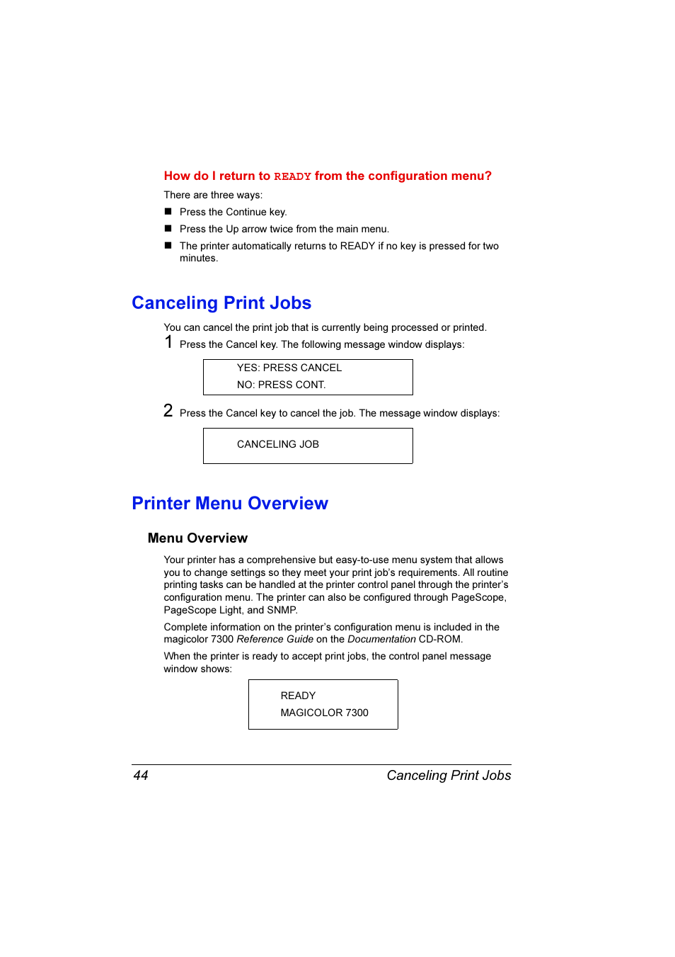 Canceling print jobs, Printer menu overview, Canceling print jobs 44 printer menu overview 44 | Menu overview 44 | Konica Minolta Magicolor 7300 User Manual | Page 52 / 250