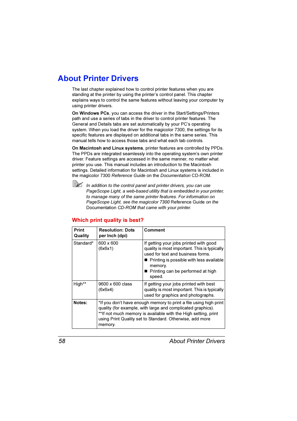 About printer drivers, About printer drivers 58 | Konica Minolta Magicolor 7300 User Manual | Page 66 / 250