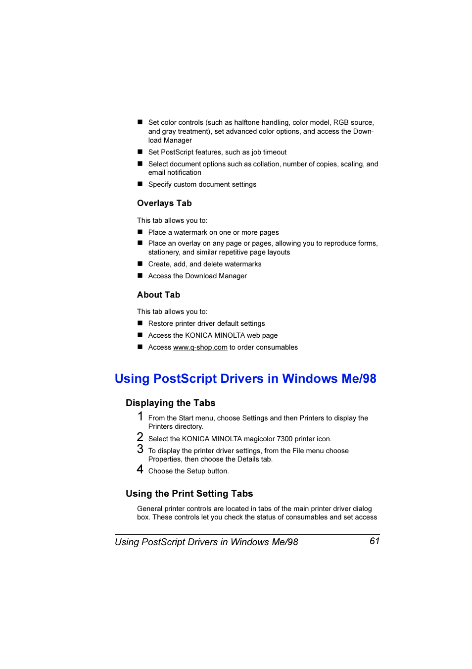 Using postscript drivers in windows me/98, Using postscript drivers in windows me/98 61, Print unit life 95 installing a print unit 96 | Konica Minolta Magicolor 7300 User Manual | Page 69 / 250