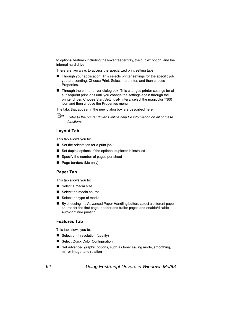 Using postscript drivers in windows me/98 62 | Konica Minolta Magicolor 7300 User Manual | Page 70 / 250
