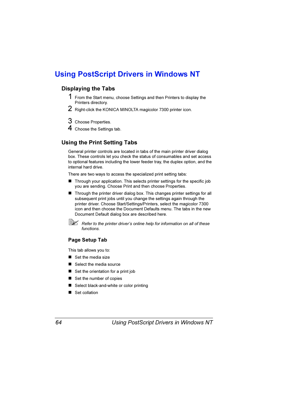 Using postscript drivers in windows nt, Using postscript drivers in windows nt 64 | Konica Minolta Magicolor 7300 User Manual | Page 72 / 250