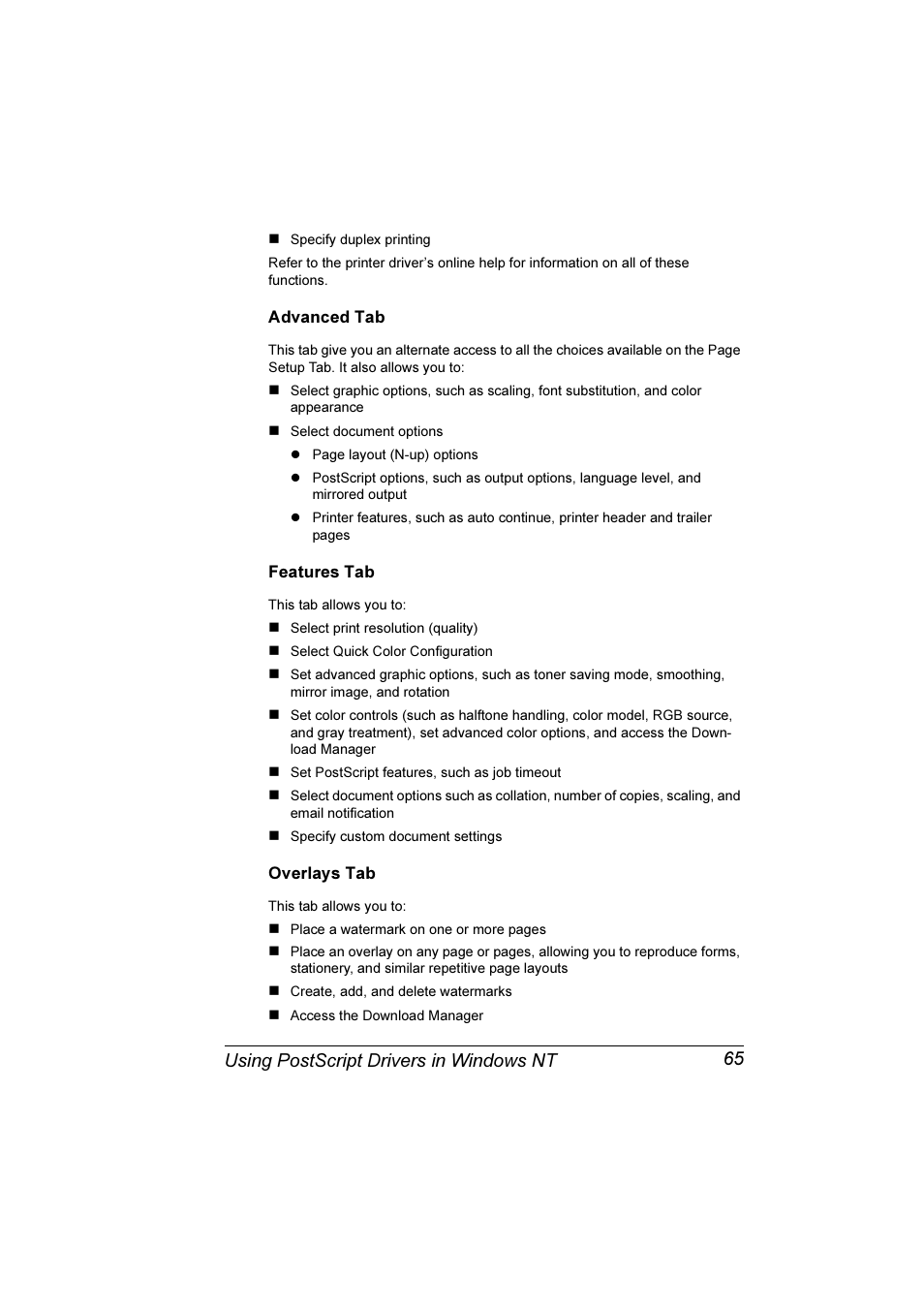 Using postscript drivers in windows nt 65 | Konica Minolta Magicolor 7300 User Manual | Page 73 / 250