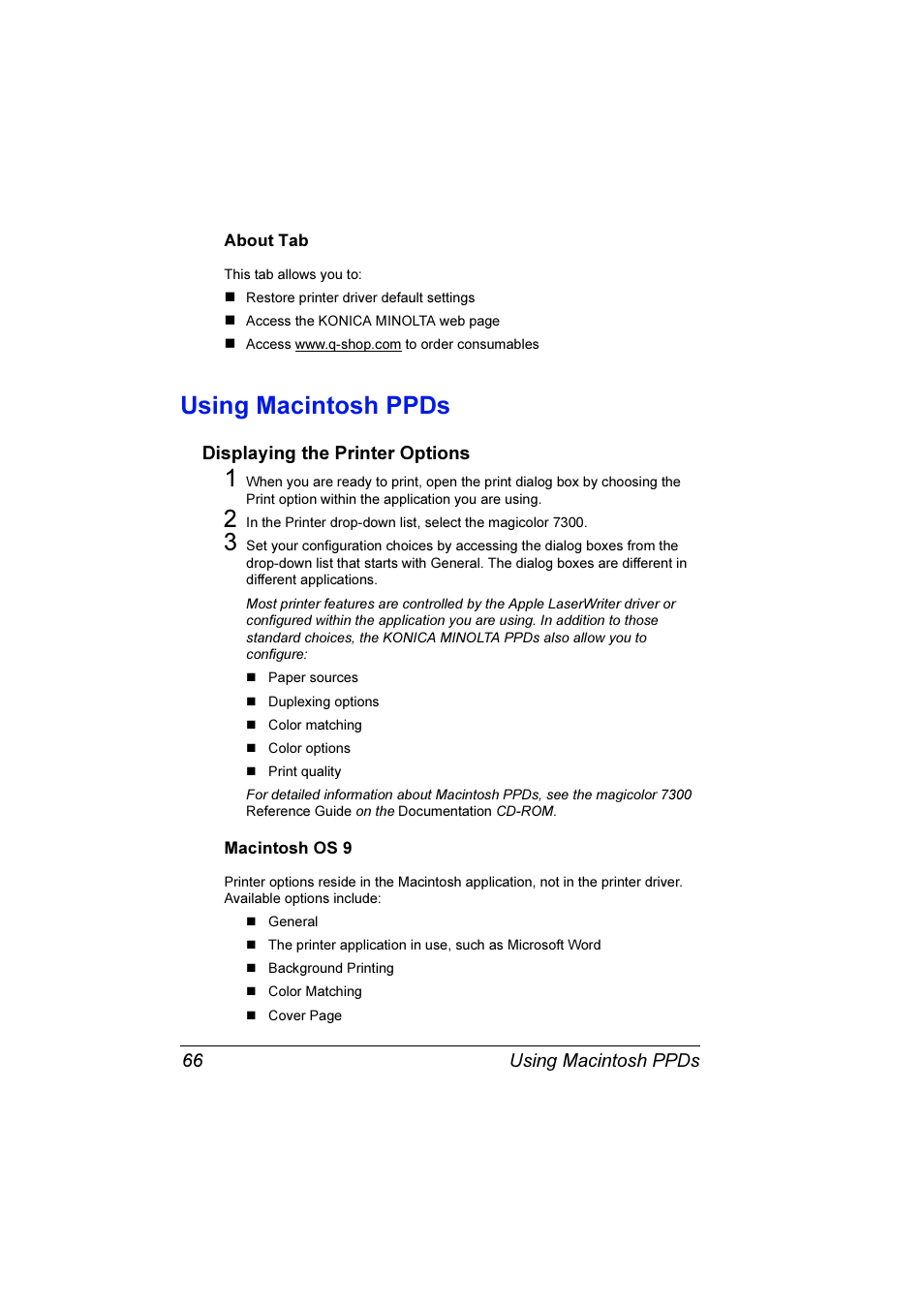 Using macintosh ppds, Using macintosh ppds 66, Displaying the printer options 66 | Konica Minolta Magicolor 7300 User Manual | Page 74 / 250