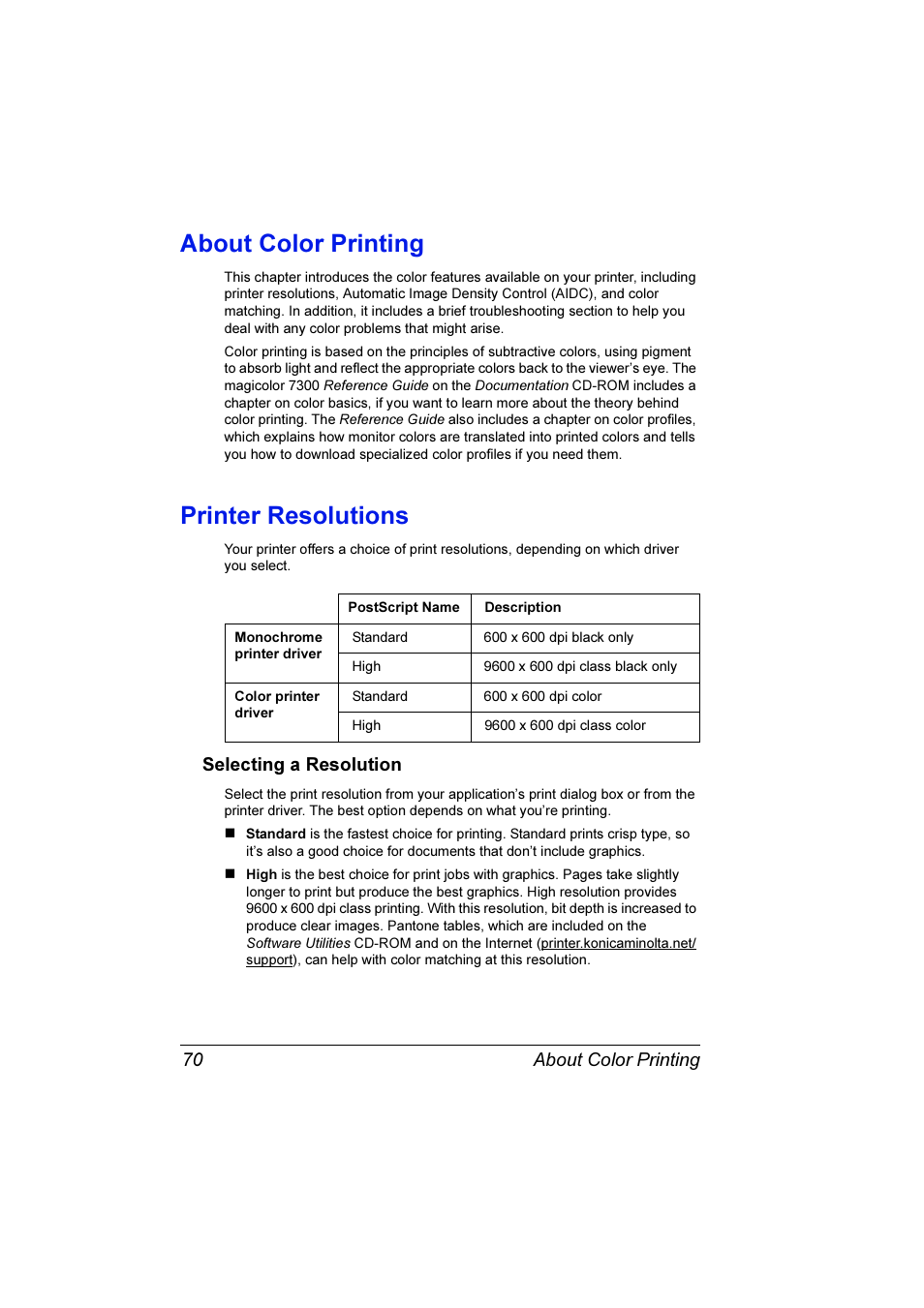 About color printing, Printer resolutions, About color printing 70 printer resolutions 70 | Selecting a resolution 70 | Konica Minolta Magicolor 7300 User Manual | Page 78 / 250