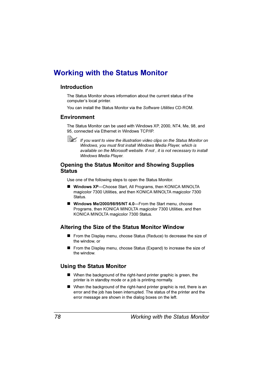 Working with the status monitor, Working with the status monitor 78 | Konica Minolta Magicolor 7300 User Manual | Page 86 / 250