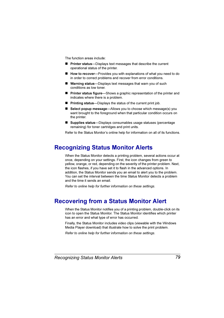 Recognizing status monitor alerts, Recovering from a status monitor alert | Konica Minolta Magicolor 7300 User Manual | Page 87 / 250