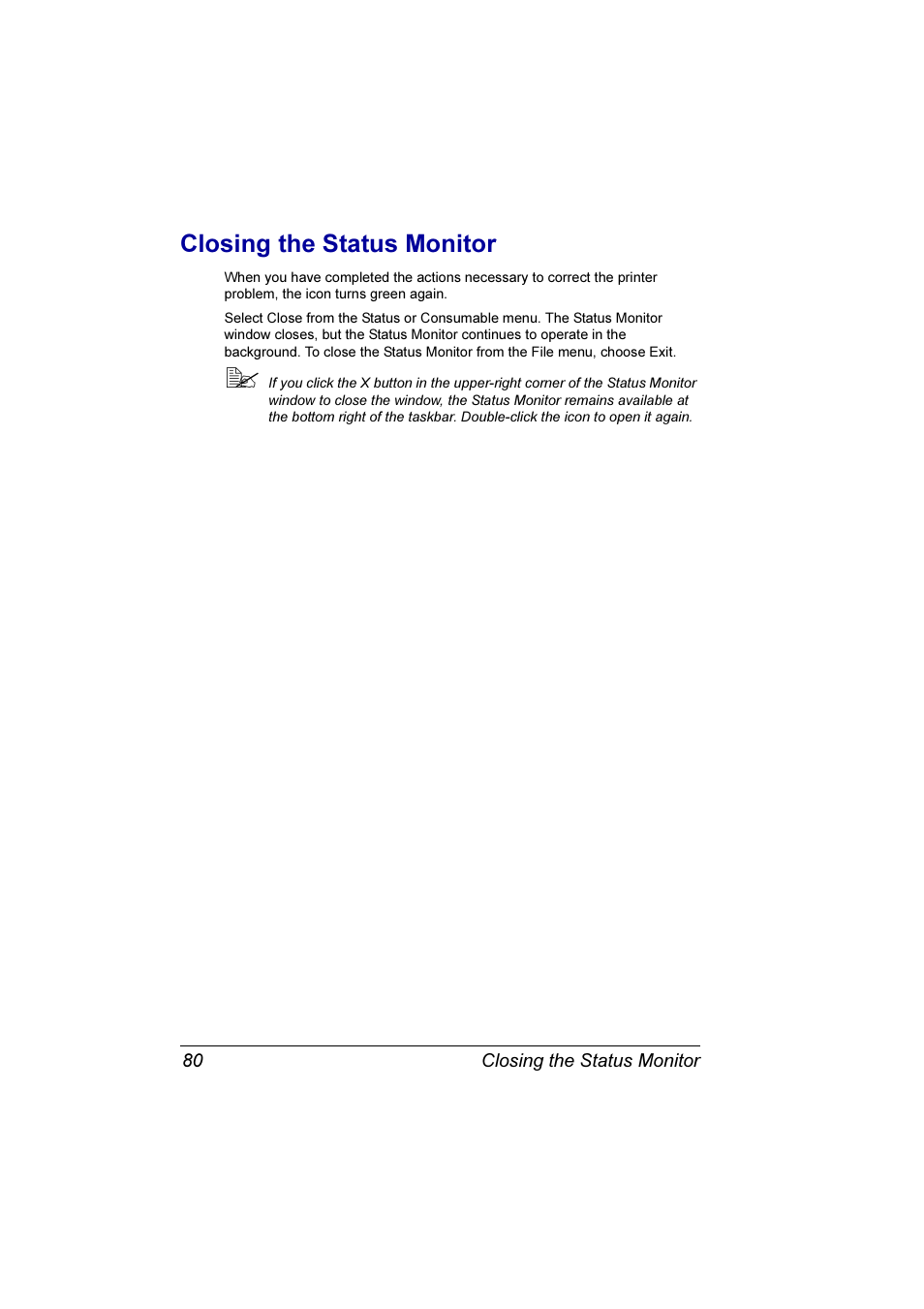 Closing the status monitor, Closing the status monitor 80 | Konica Minolta Magicolor 7300 User Manual | Page 88 / 250
