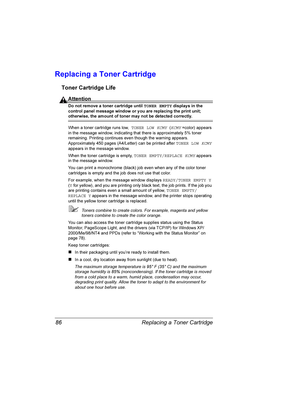 Replacing a toner cartridge, Toner cartridge life 86, Replacing a toner cartridge 86 | Toner cartridge life | Konica Minolta Magicolor 7300 User Manual | Page 94 / 250