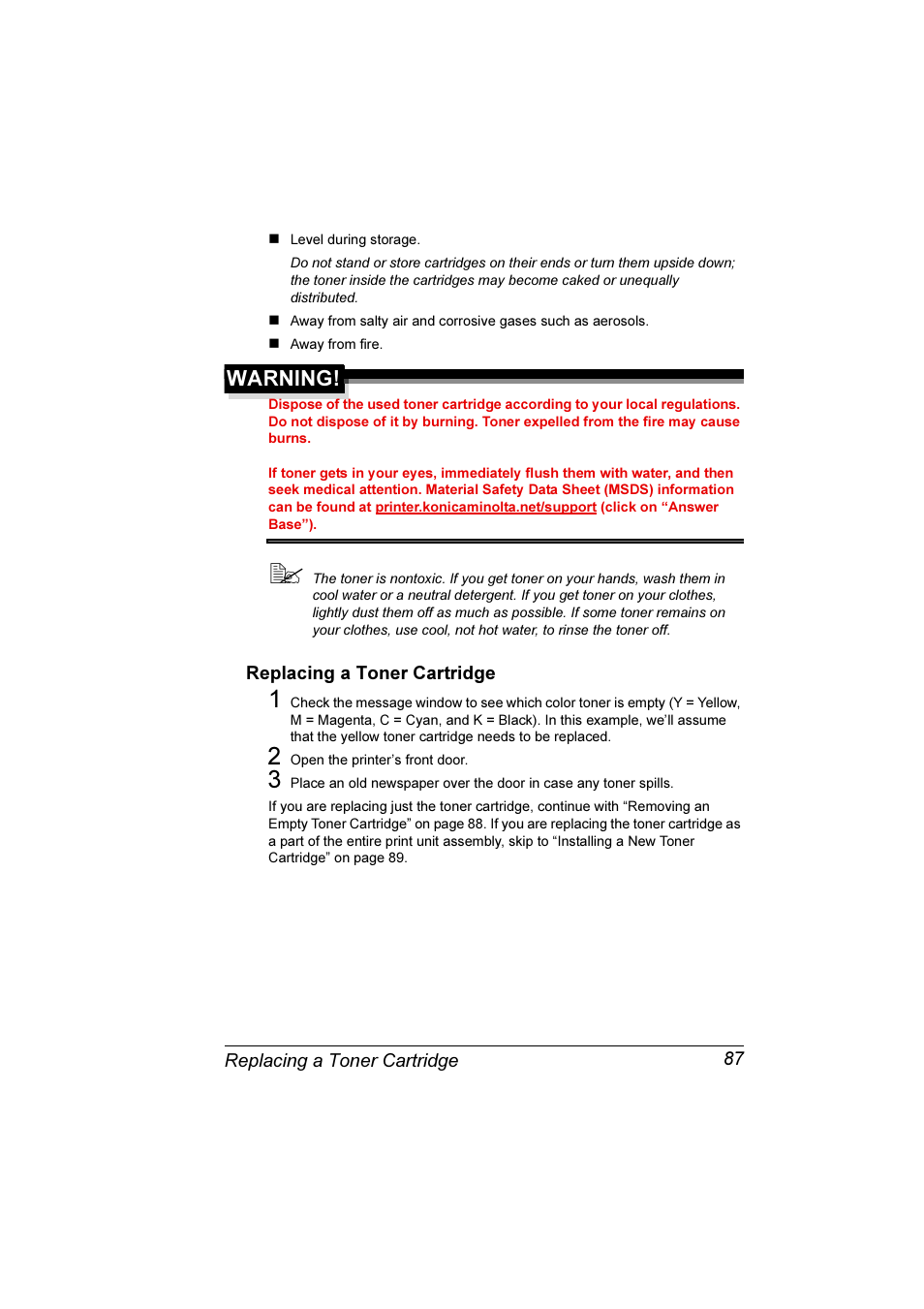 Replacing a toner cartridge 87, Warning | Konica Minolta Magicolor 7300 User Manual | Page 95 / 250