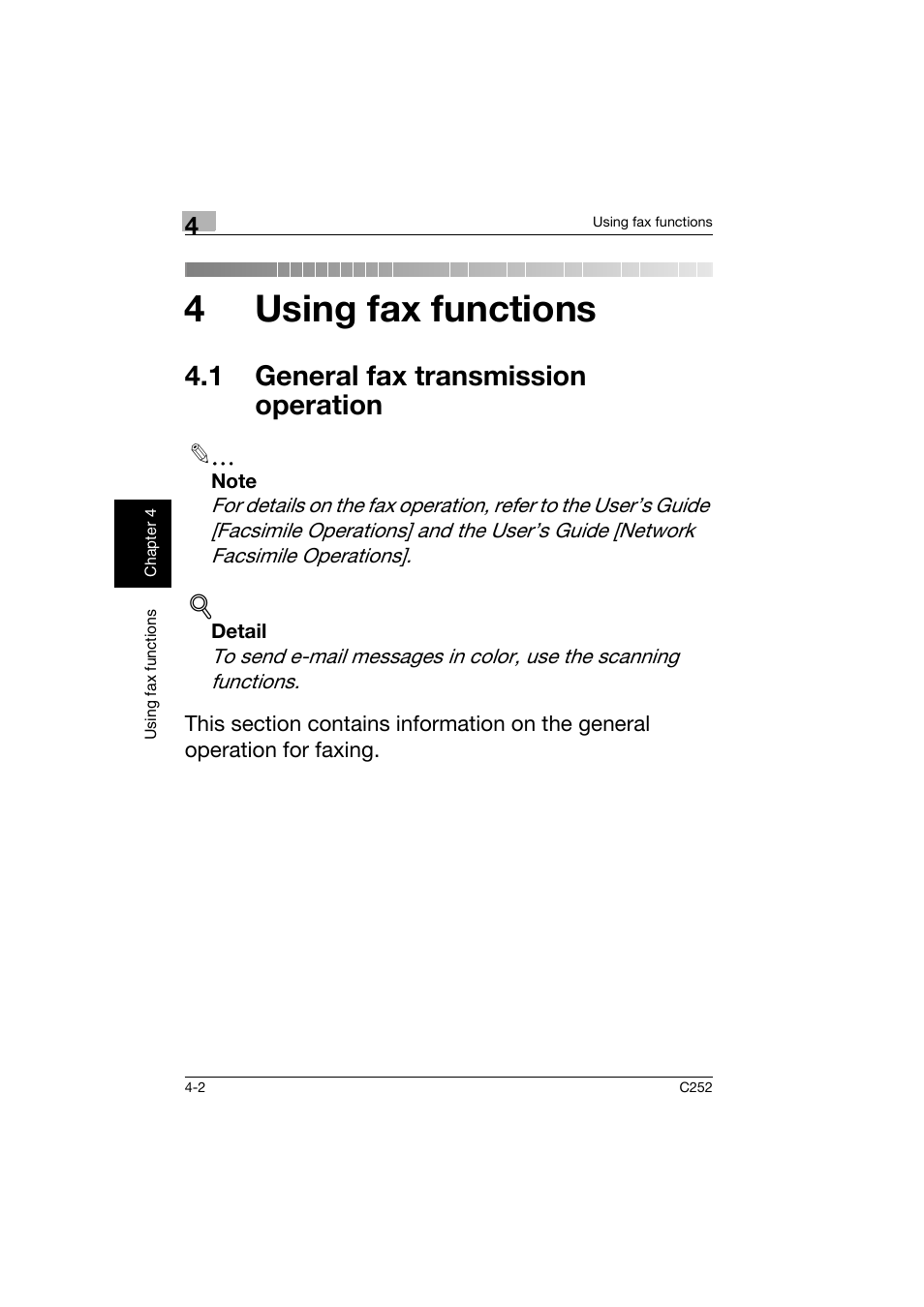 4 using fax functions, 1 general fax transmission operation, 1 general fax transmission operation -2 | 4using fax functions | Konica Minolta BIZHUB C252 User Manual | Page 121 / 162