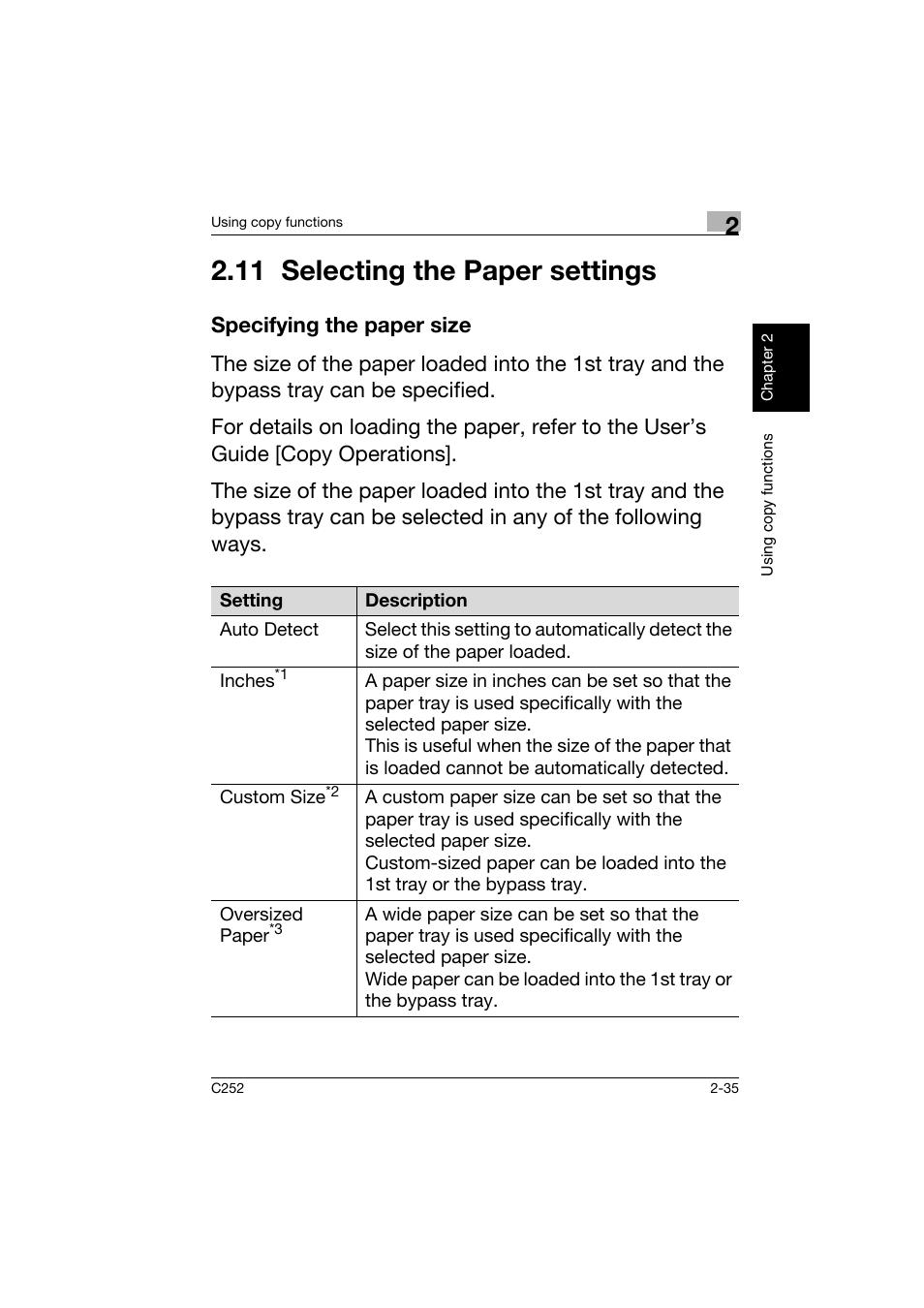 11 selecting the paper settings, Specifying the paper size, 11selecting the paper settings -35 | Specifying the paper size -35 | Konica Minolta BIZHUB C252 User Manual | Page 72 / 162