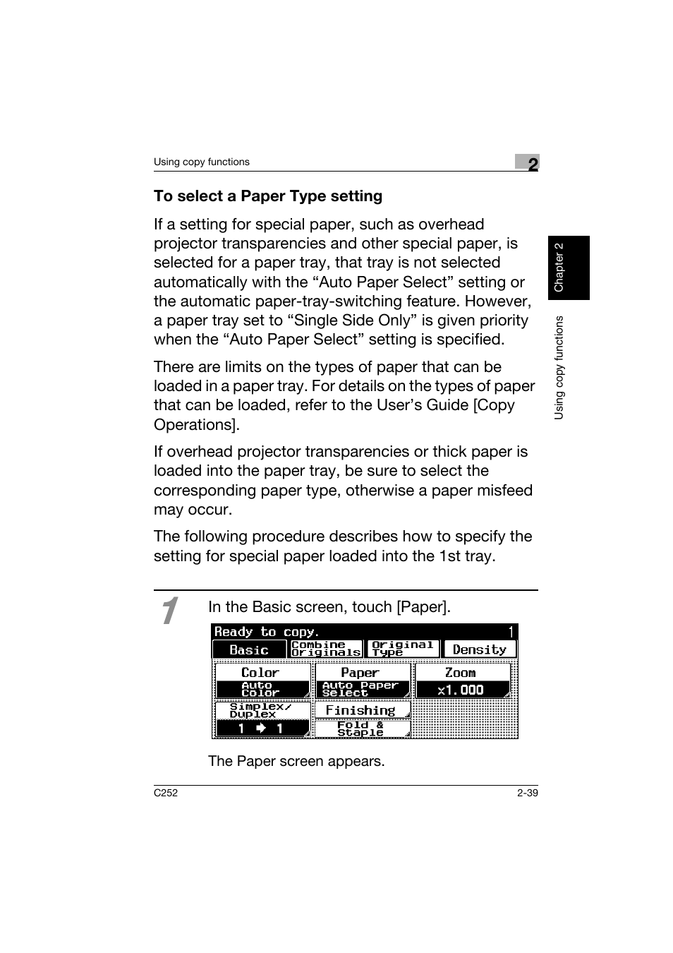 To select a paper type setting, To select a paper type setting -39 | Konica Minolta BIZHUB C252 User Manual | Page 76 / 162