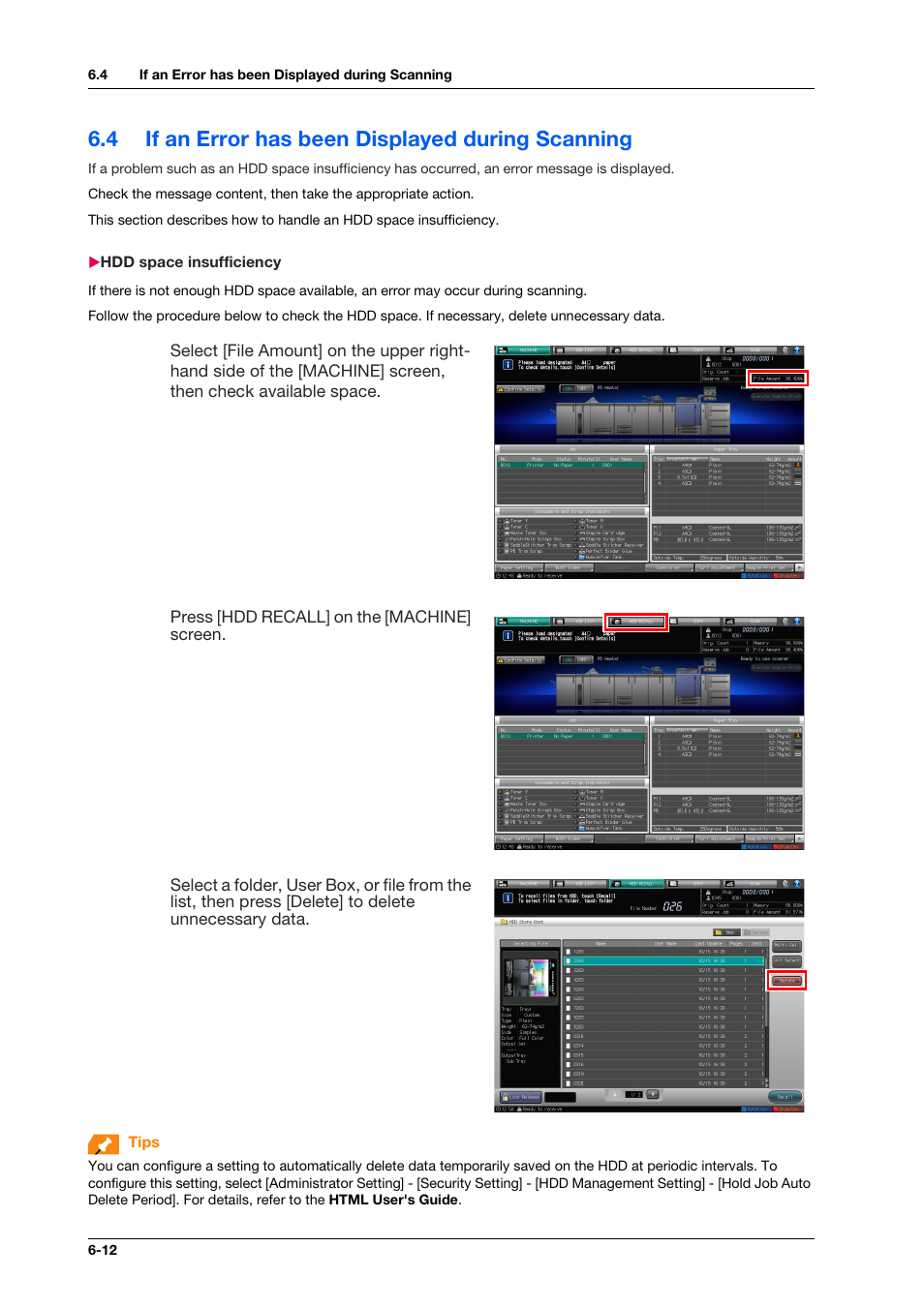 4 if an error has been displayed during scanning, Hdd space insufficiency, If an error has been displayed during scanning -12 | Hdd space insufficiency -12 | Konica Minolta bizhub PRESS C1070 User Manual | Page 104 / 151