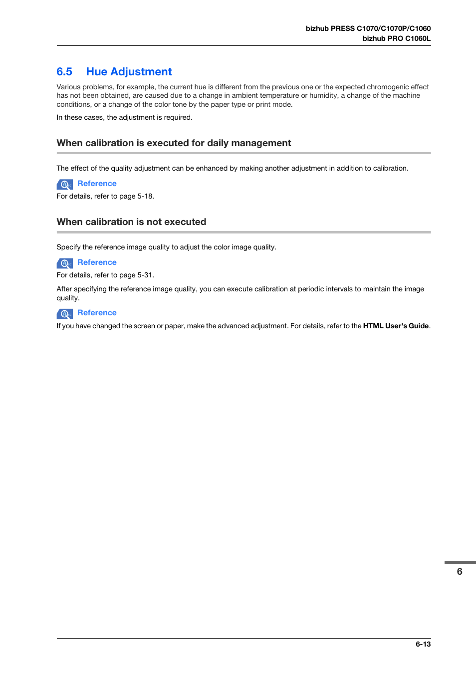 5 hue adjustment, When calibration is executed for daily management, When calibration is not executed | Hue adjustment -13, When calibration is not executed -13 | Konica Minolta bizhub PRESS C1070 User Manual | Page 105 / 151