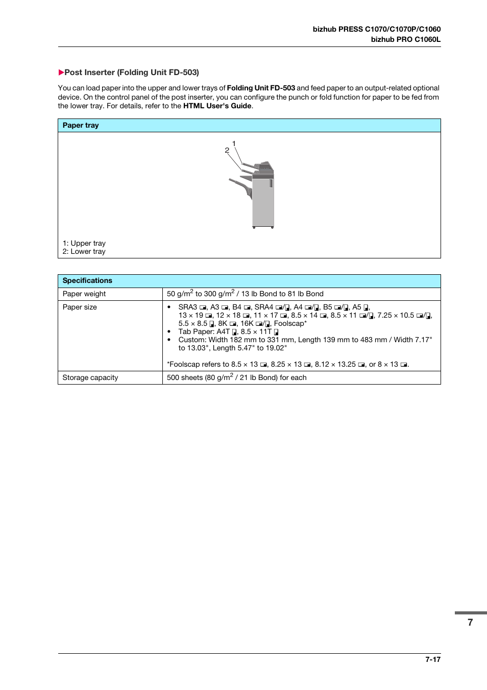 Post inserter (folding unit fd-503), Post inserter (folding unit fd-503) -17 | Konica Minolta bizhub PRESS C1070 User Manual | Page 123 / 151