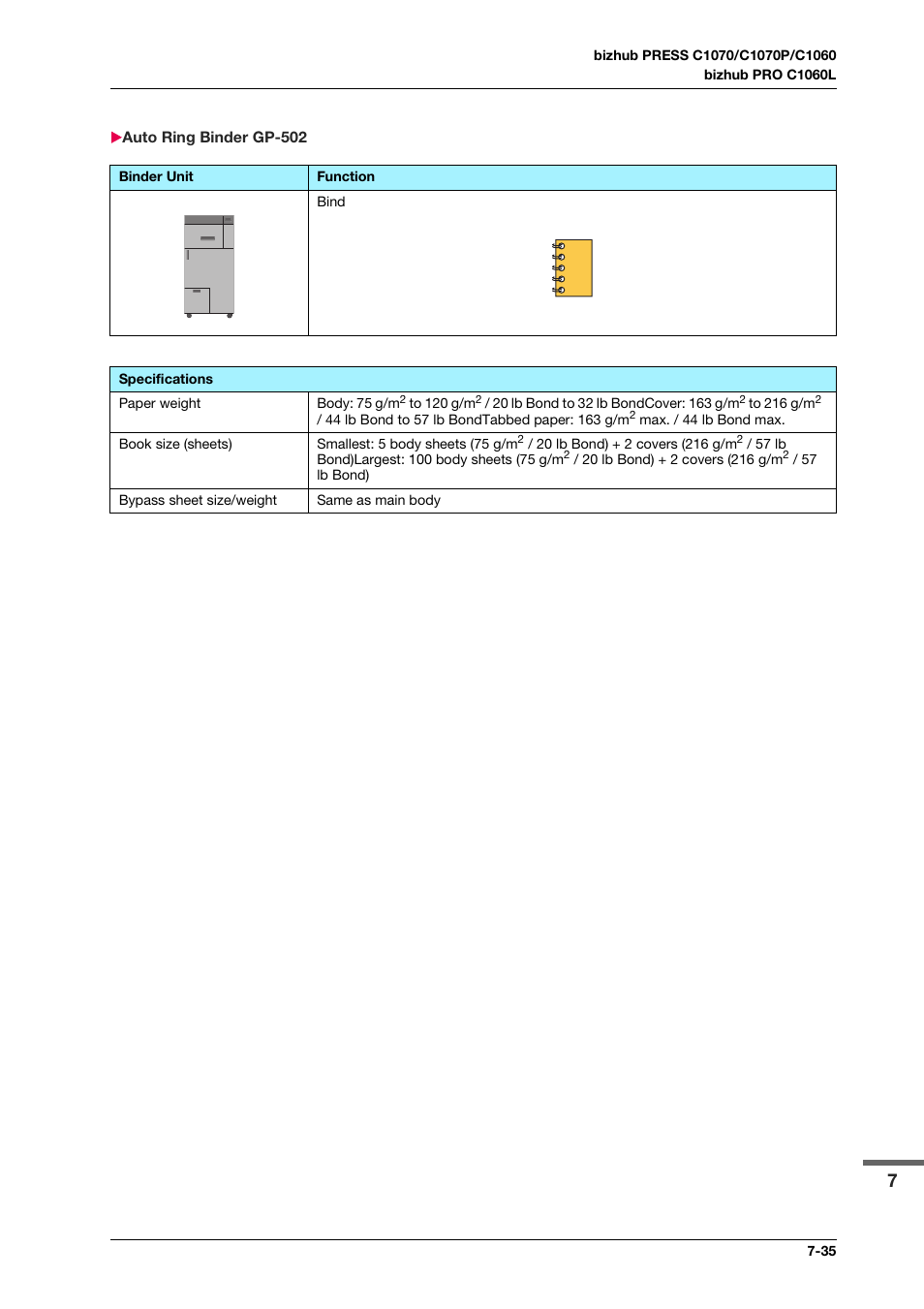 Auto ring binder gp-502, Auto ring binder gp-502 -35 | Konica Minolta bizhub PRESS C1070 User Manual | Page 141 / 151