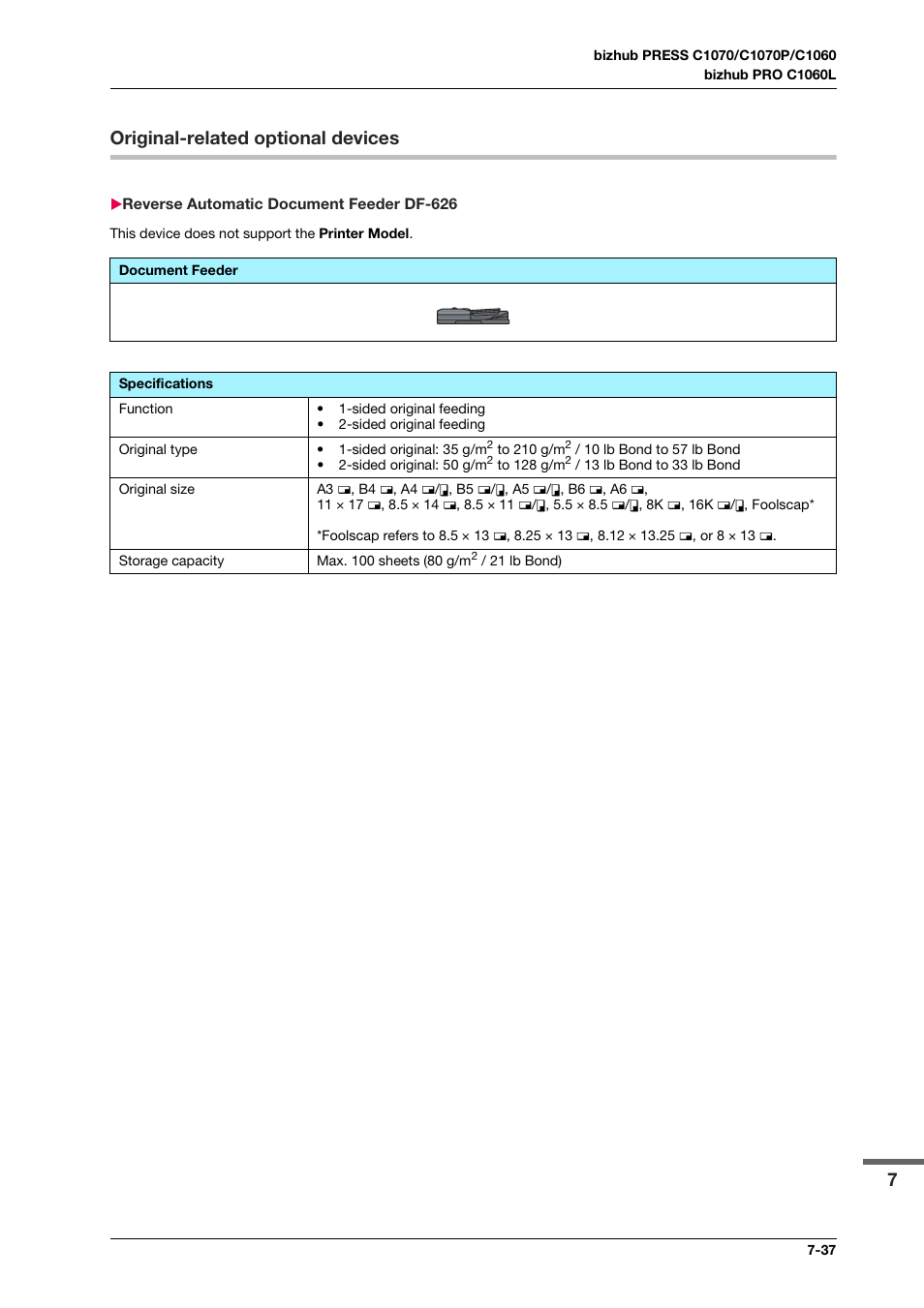 Original-related optional devices, Reverse automatic document feeder df-626, Original-related optional devices -37 | Reverse automatic document feeder df-626 -37, 7original-related optional devices | Konica Minolta bizhub PRESS C1070 User Manual | Page 143 / 151