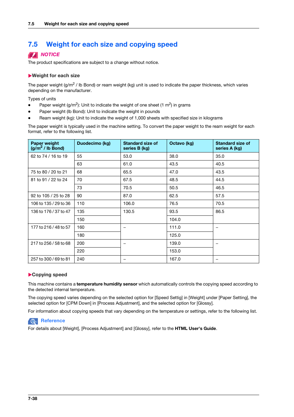 5 weight for each size and copying speed, Weight for each size, Copying speed | Weight for each size and copying speed -38, Weight for each size -38 copying speed -38 | Konica Minolta bizhub PRESS C1070 User Manual | Page 144 / 151