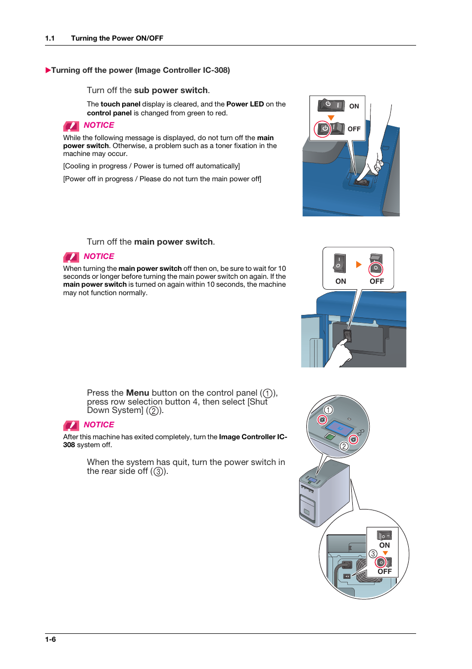 Turning off the power (image controller ic-308), Turning off the power (image controller ic-308) -6 | Konica Minolta bizhub PRESS C1070 User Manual | Page 18 / 151