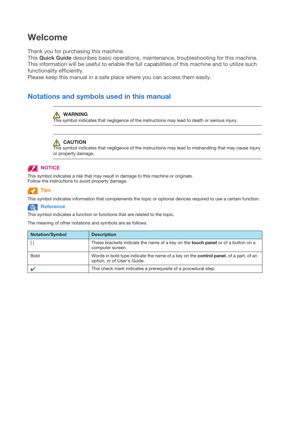 Welcome, Notations and symbols used in this manual | Konica Minolta bizhub PRESS C1070 User Manual | Page 2 / 151