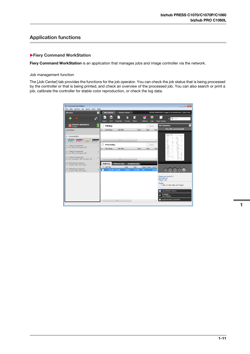 Application functions, Fiery command workstation, Application functions -11 | Fiery command workstation -11 | Konica Minolta bizhub PRESS C1070 User Manual | Page 23 / 151