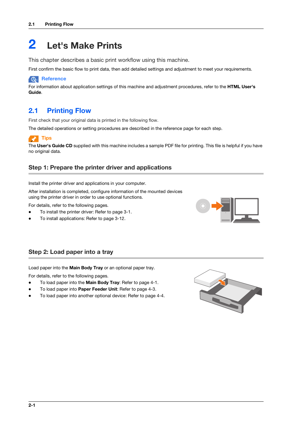 2 let's make prints, 1 printing flow, Step 2: load paper into a tray | Let's make prints, Printing flow -1, Step 2: load paper into a tray -1 | Konica Minolta bizhub PRESS C1070 User Manual | Page 26 / 151