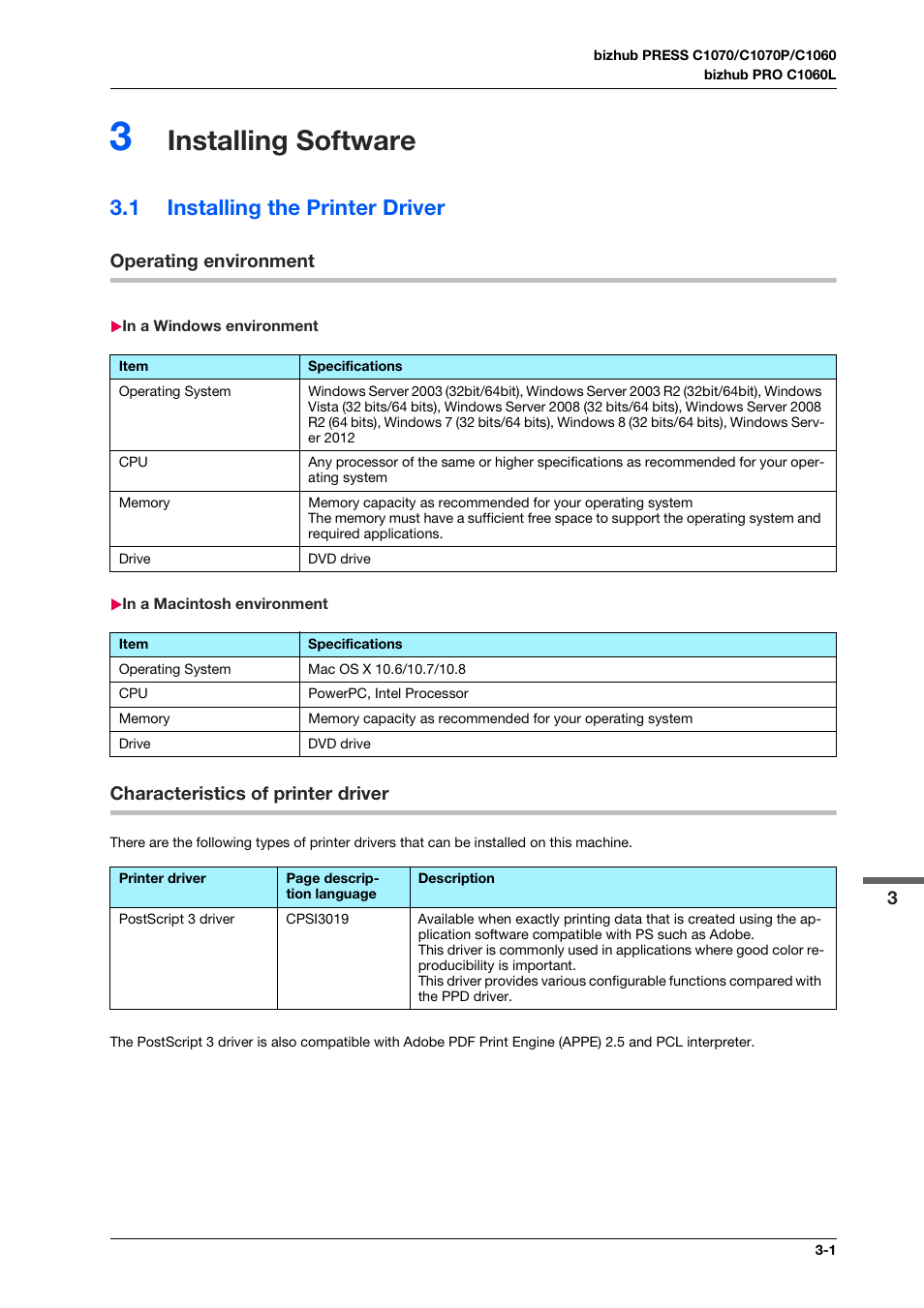 3 installing software, 1 installing the printer driver, Operating environment | In a windows environment, In a macintosh environment, Characteristics of printer driver, Installing software, Installing the printer driver -1, Operating environment -1, Characteristics of printer driver -1 | Konica Minolta bizhub PRESS C1070 User Manual | Page 29 / 151