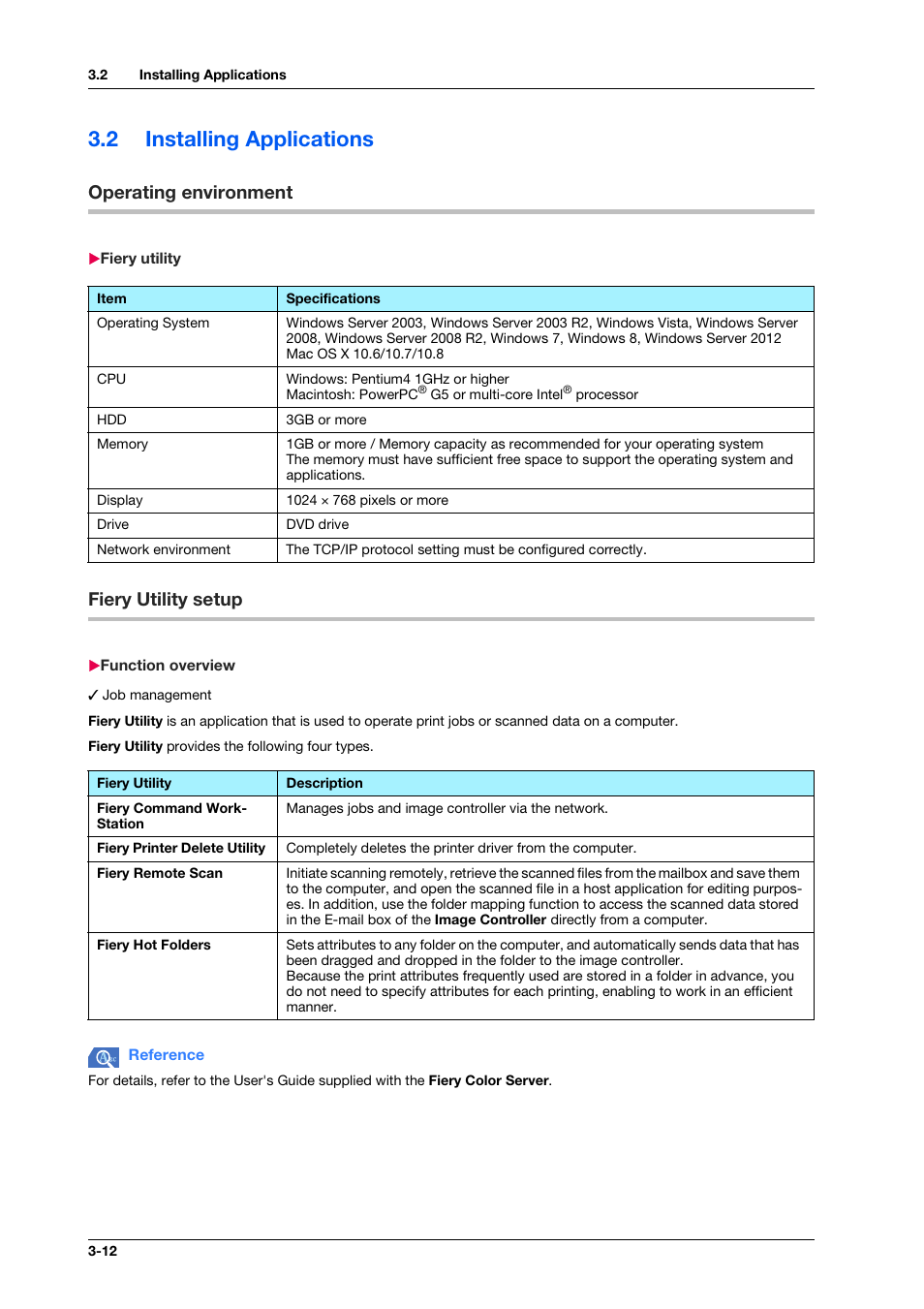 2 installing applications, Operating environment, Fiery utility | Fiery utility setup, Function overview, Installing applications -12, Operating environment -12, Fiery utility -12, Fiery utility setup -12, Function overview -12 | Konica Minolta bizhub PRESS C1070 User Manual | Page 40 / 151