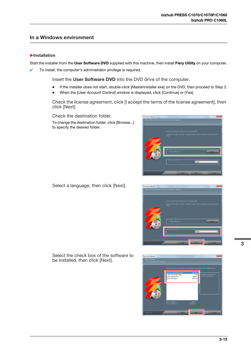 In a windows environment, Installation, In a windows environment -13 | Installation -13 | Konica Minolta bizhub PRESS C1070 User Manual | Page 41 / 151