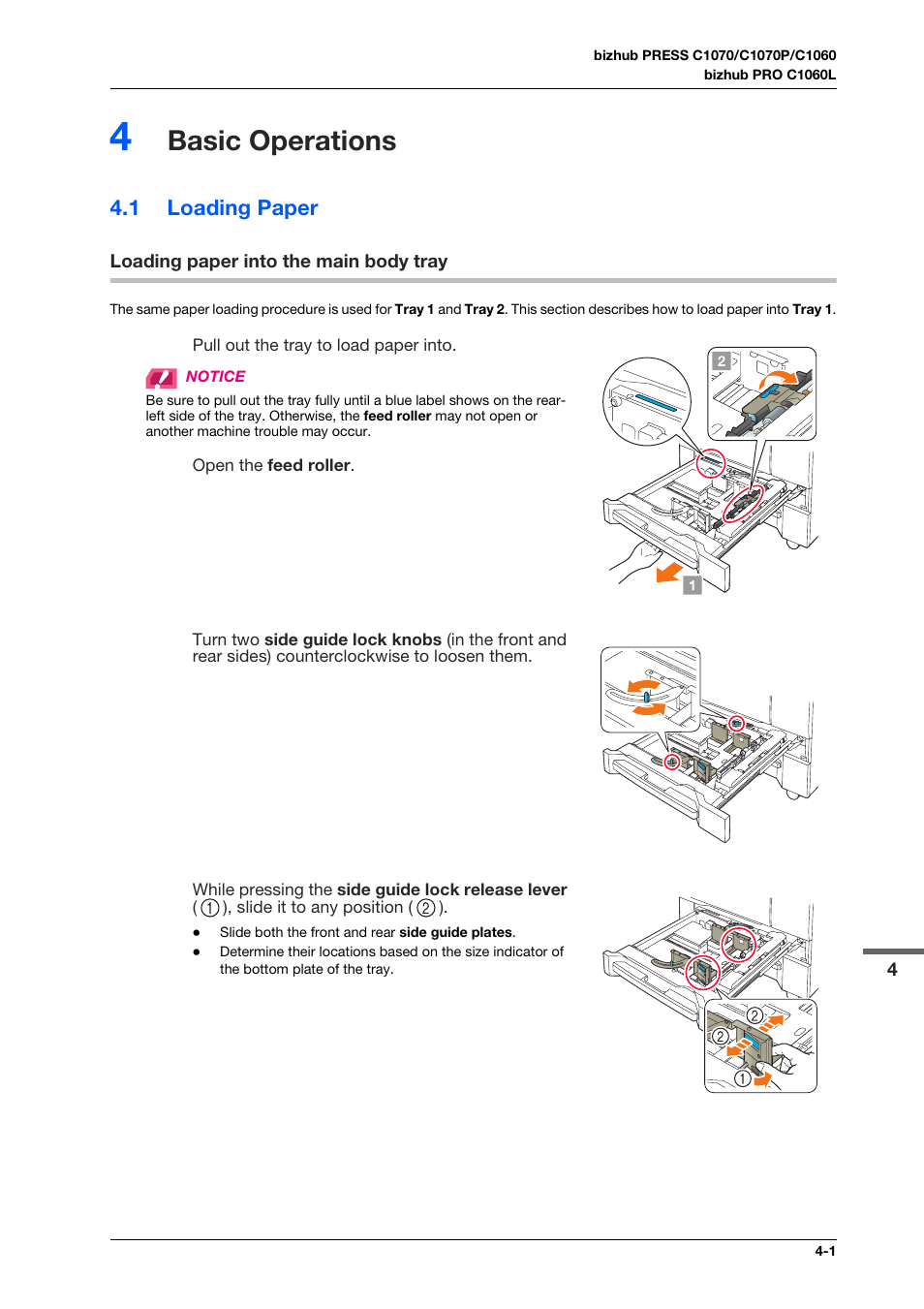 4 basic operations, 1 loading paper, Loading paper into the main body tray | Basic operations, Loading paper -1, Loading paper into the main body tray -1 | Konica Minolta bizhub PRESS C1070 User Manual | Page 47 / 151