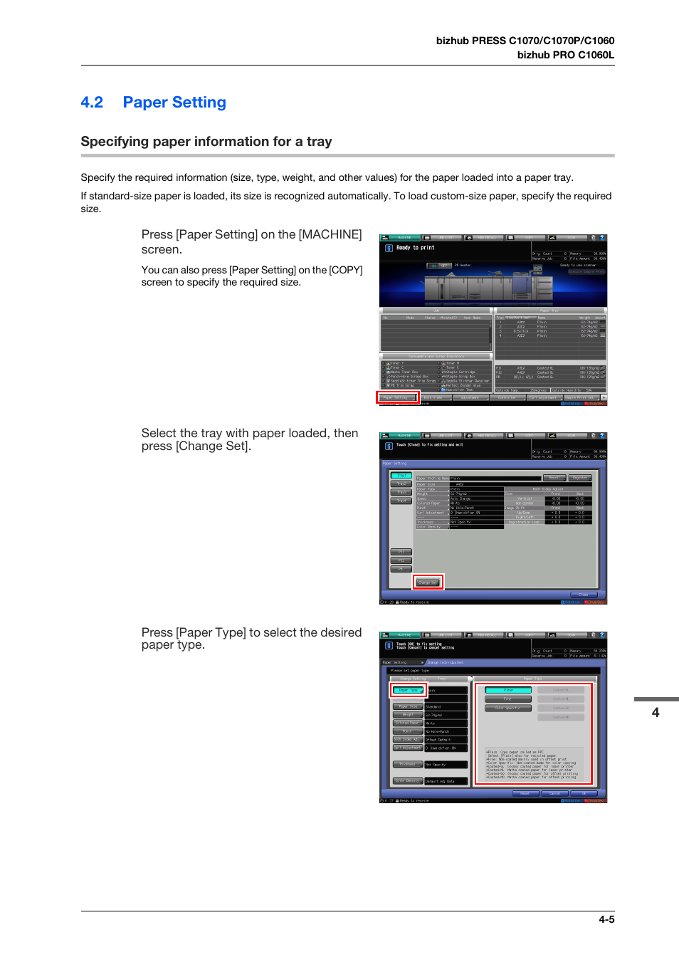 2 paper setting, Specifying paper information for a tray, Paper setting -5 | Specifying paper information for a tray -5 | Konica Minolta bizhub PRESS C1070 User Manual | Page 51 / 151