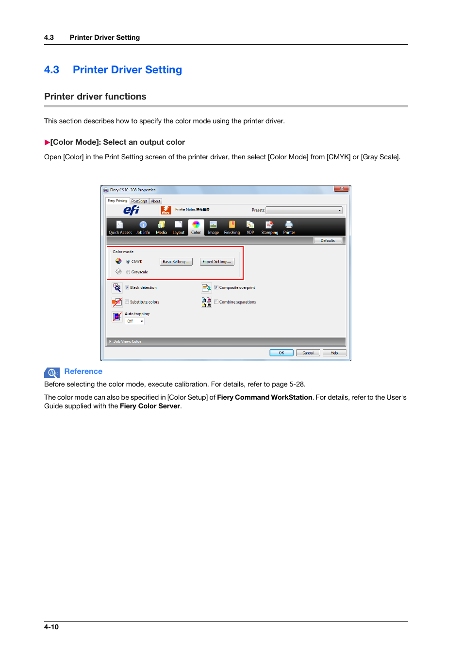 3 printer driver setting, Printer driver functions, Color mode]: select an output color | Printer driver setting -10, Printer driver functions -10, Color mode]: select an output color -10 | Konica Minolta bizhub PRESS C1070 User Manual | Page 56 / 151