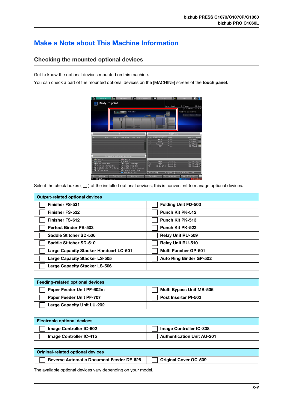 Make a note about this machine information, Checking the mounted optional devices | Konica Minolta bizhub PRESS C1070 User Manual | Page 7 / 151